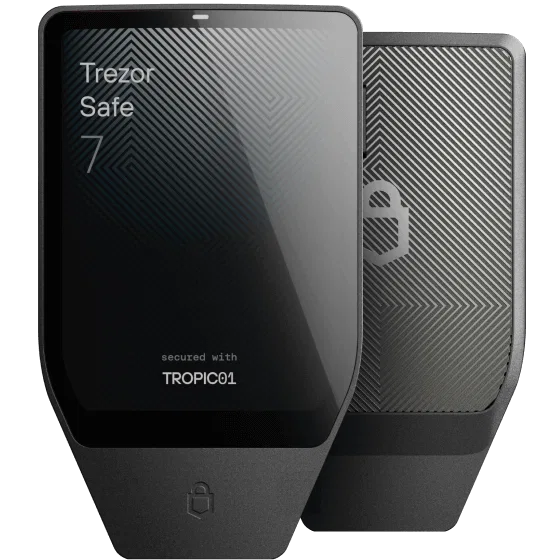 Trezor Safe 7 is shown from the front and back